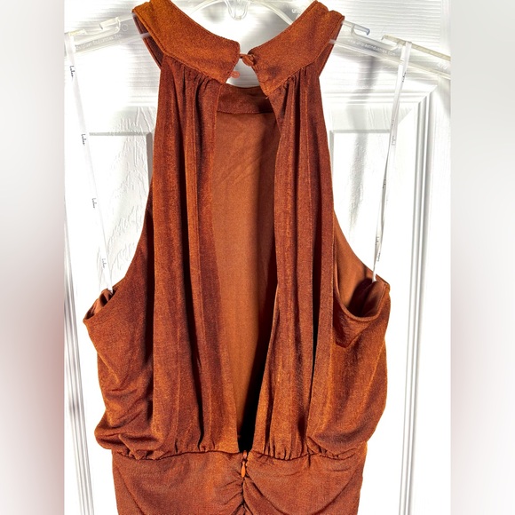 Lulus Irresistible Presence Rust Halter Ruched Bodycon Midi Dress Small - Picture 7 of 9